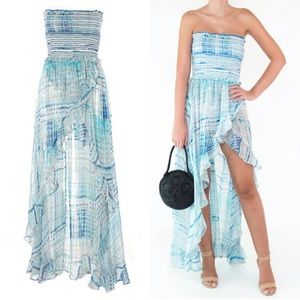ROCOCO SAND Celine Maxi Dress in Blue Metallic Tie Dye Size Small